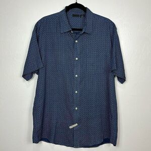 Tahari Linen Dark Blue Printed Short Sleeve Button Down Shirt Size L